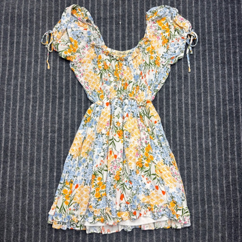 Liberty Love Floral Mini Dress Large White Yellow Blue Boho Ruffle Smocked